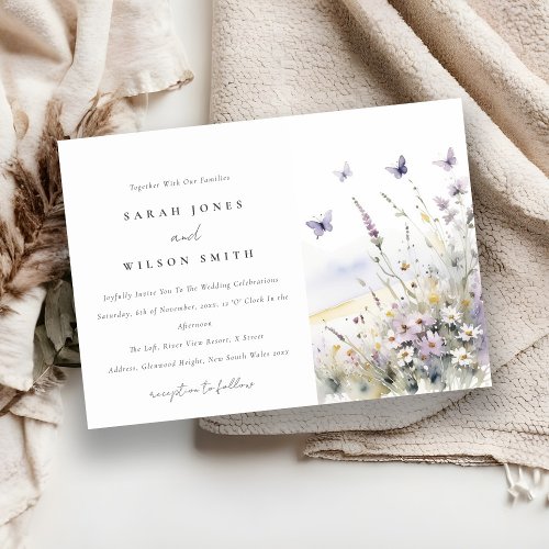 Lilac Wildflower Field Butterfly Landscape Wedding Invitation