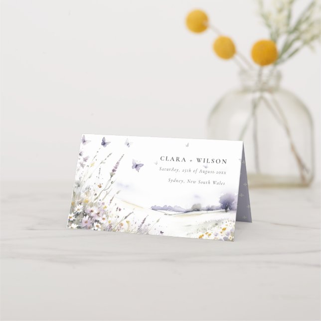 Lilac Wildflower Field Butterfly Landscape Wedding Place Card (Front)