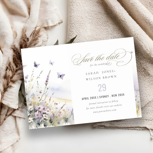 Lilac Wildflower Field Butterfly Landscape Wedding Save The Date