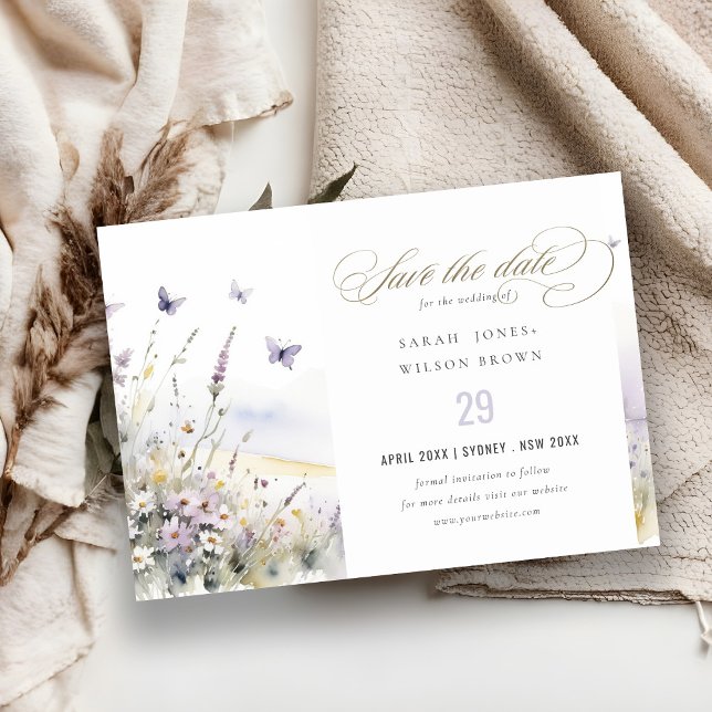 Lilac Wildflower Field Butterfly Landscape Wedding Save The Date (Creator Uploaded)