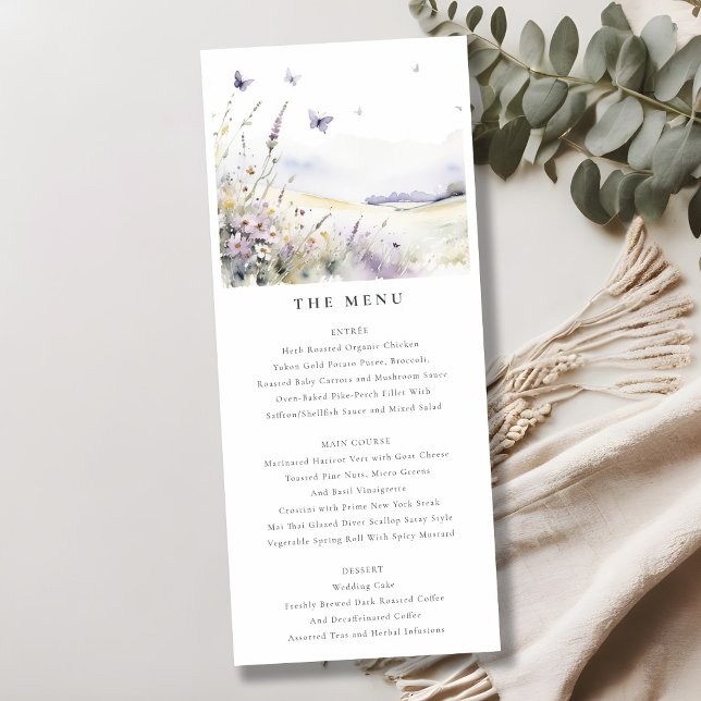 Lilac Wildflower Field Butterfly Wedding Menu Card (Creator Uploaded)