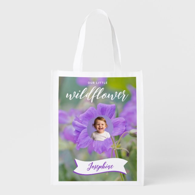 Lilac Wildflower Kid's Custom Photo And Name Grocery Bag (Front)