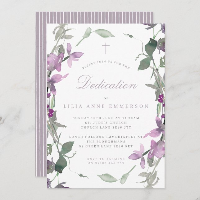 Lilac Wildflowers & Cross Dedication Invitation (Front/Back)