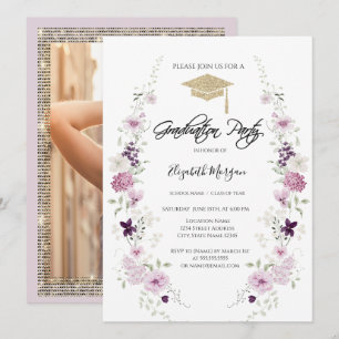 Lilac Wildflowers Diamonds Frame Photo Graduation Invitation