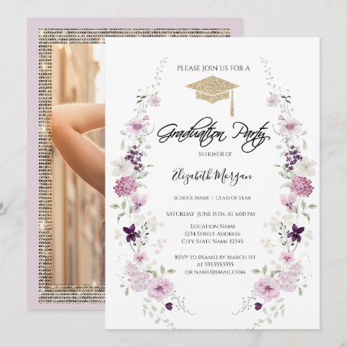Lilac Wildflowers Diamonds Frame Photo Graduation Invitation