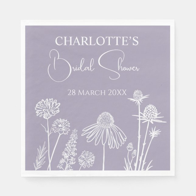 Lilac  Wildflowers Sketched Floral Bridal Shower  Napkins (Front)