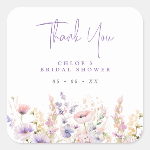 Lilac Wildflowers Thank You Bridal Shower Favor Square Sticker