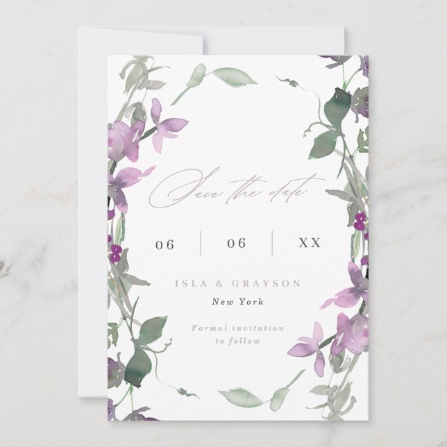 Lilac Wildflowers Wedding Photo Save The Date (Front)