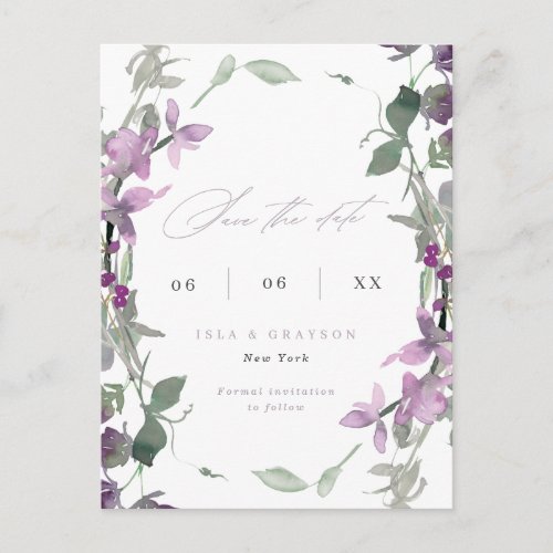 Lilac Wildflowers Wedding QR Code Save The Date Announcement Postcard