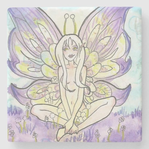 Lilac Wings Cartoon Fairy flowers Stone Coaster