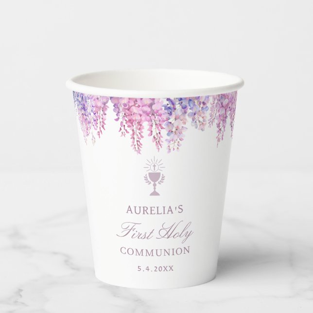 Lilac Wisteria First Communion Paper Cups (Front)