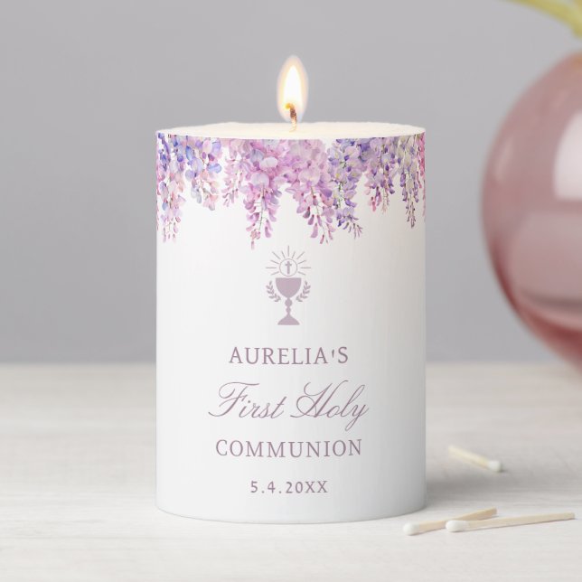 Lilac Wisteria First Communion Pillar Candle (In Situ)