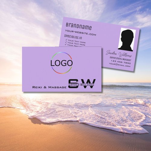 Lilac with Monogram Logo and Photo Light Purple Business Card