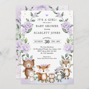 Lilac Woodland Animals Floral Wreath Baby Shower Invitation