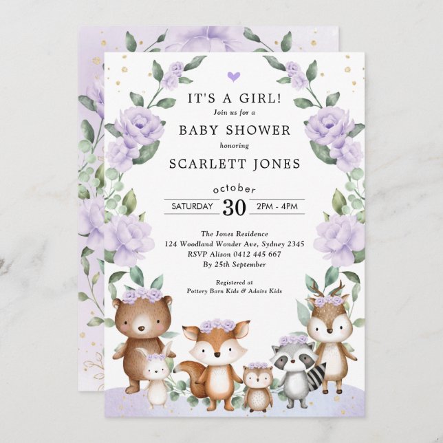 Lilac Woodland Animals Floral Wreath Baby Shower Invitation (Front/Back)