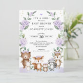 Lilac Woodland Animals Floral Wreath Baby Shower Invitation (Standing Front)