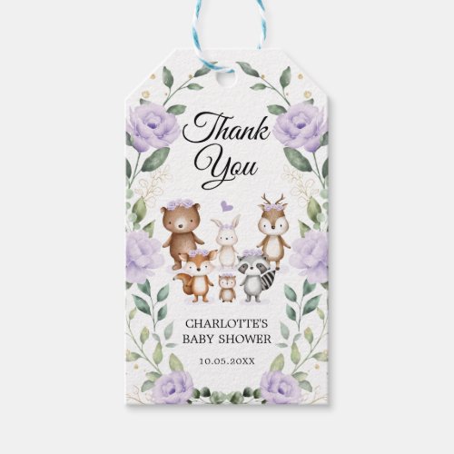 Lilac Woodland Animals Flower Wreath Baby Girl Gift Tags