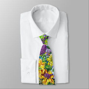 Lilac Yellow Blue Green Garden Flowers Pattern Neck Tie