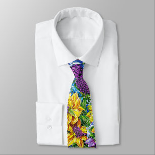 Lilac Yellow Blue Green Garden Flowers Pattern Neck Tie