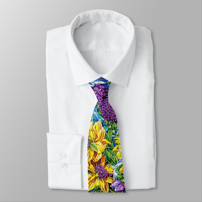 Lilac Yellow Blue Green Garden Flowers Pattern Neck Tie (Tied)