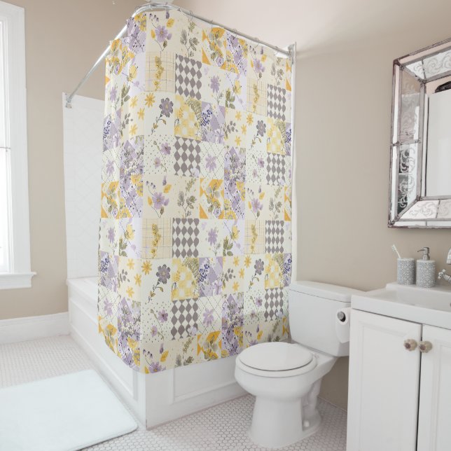 Lilac Yellow Patchwork Quilt Rustic Floral Retro  Shower Curtain (In Situ)
