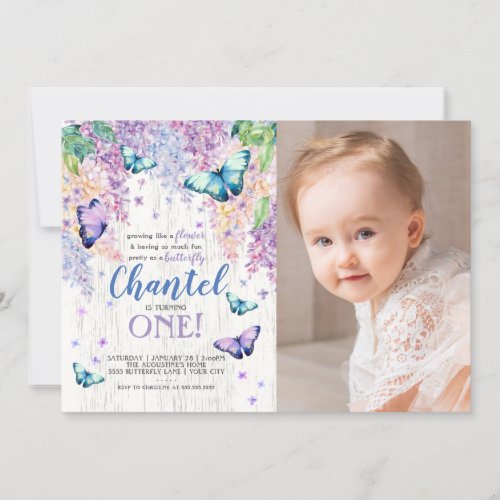 Lilacs and Butterfly  Photo Birthday Invitation