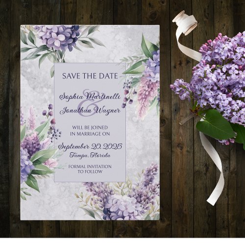 Lilacs and Heather on Marbled Lavender Save The Date