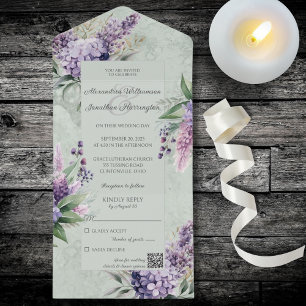 Lilacs and Heather on Marbled Sage Green All In One Invitation