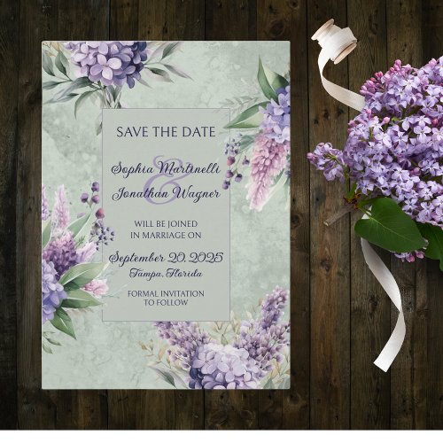 Lilacs and Heather on Marbled Sage Green Save The Date