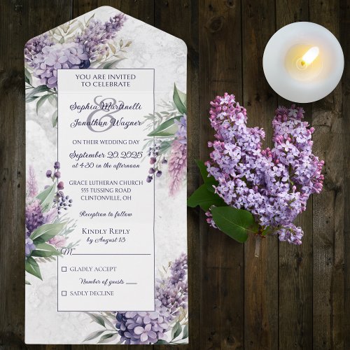 Lilacs and Heather on Marbled White All In One Invitation