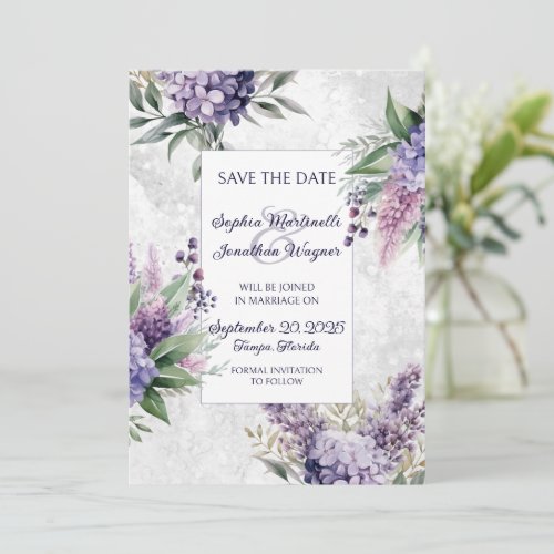 Lilacs and Heather on Marbled White Save the Date 