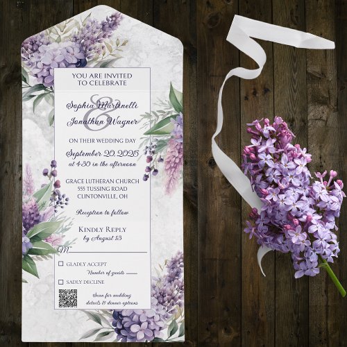 Lilacs and Heather on Marbled White with QR Code  All In One Invitation