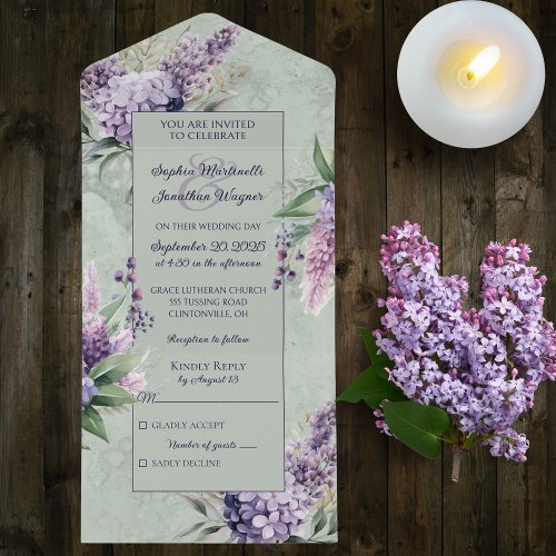 Lilacs and Heather on Sage Green  All In One Invitation