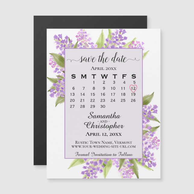 Lilacs & Calendar Lavender Wedding Save the Date Magnetic Invitation (Front/Back)