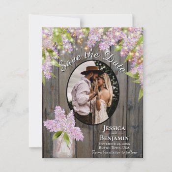 Lilacs & Colorful Lights On Barn Wood Wedding Save The Date by ZingerBug at Zazzle