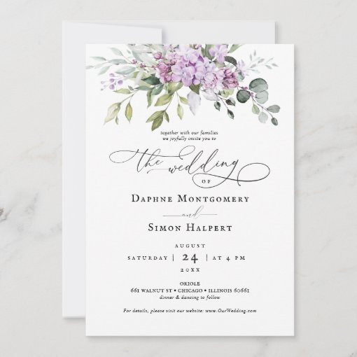 Lilacs Greenery Script Wedding Invitation Purple | Zazzle