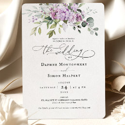 Lilacs Greenery Script Wedding Invitation Purple