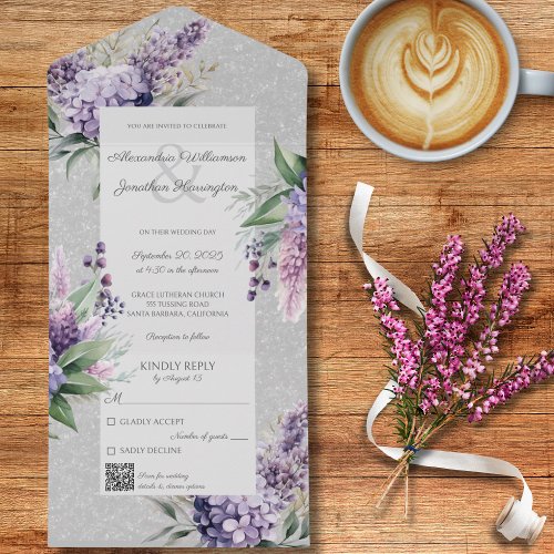 Lilacs  Heather on Gray with QR Code  All In One Invitation