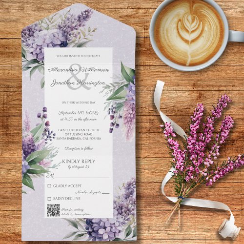 Lilacs  Heather on Lavender with QR Code  All In One Invitation