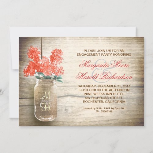 lilacs in mason jar rustic engagement party invite