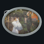 Lilacs in Sun Oval Belt Buckle<br><div class="desc">Vintage 19th century image of woman in white carrying her baby wearing a confirmation gown through the flowers.  Fine art by Russian artist Boris Kustodiev.</div>