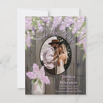 Lilacs & Lights On Barn Wood Purple Wedding Save The Date by ZingerBug at Zazzle