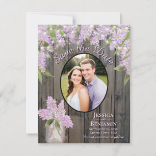 Lilacs & Lights on Barn Wood Purple Wedding Save The Date