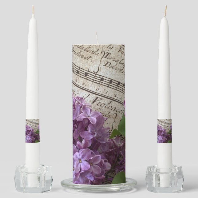 Lilacs on old music unity candle set (Front)