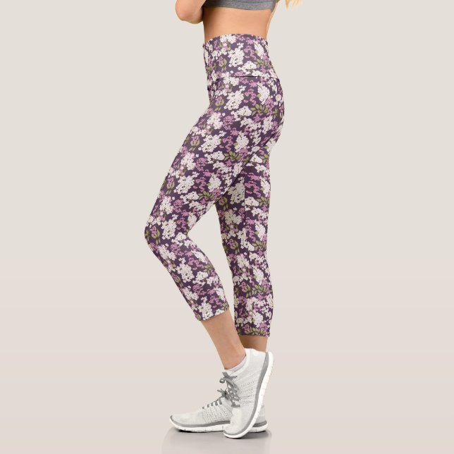 Lilacs On Purple Capri Leggings (Left)