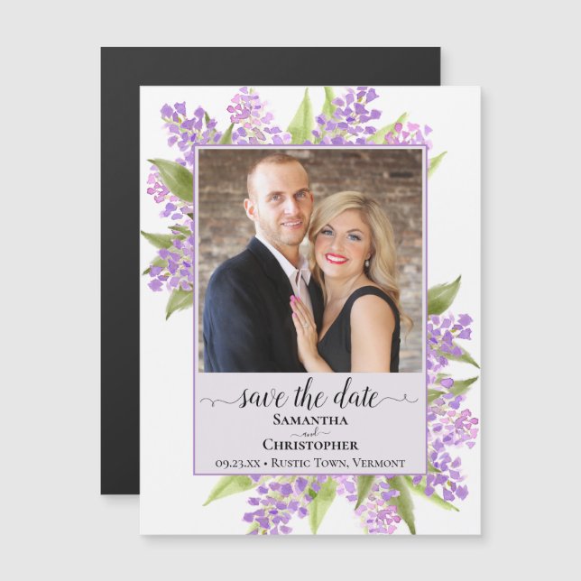 Lilacs & Photo Lavender Wedding Save the Date Magnetic Invitation (Front/Back)