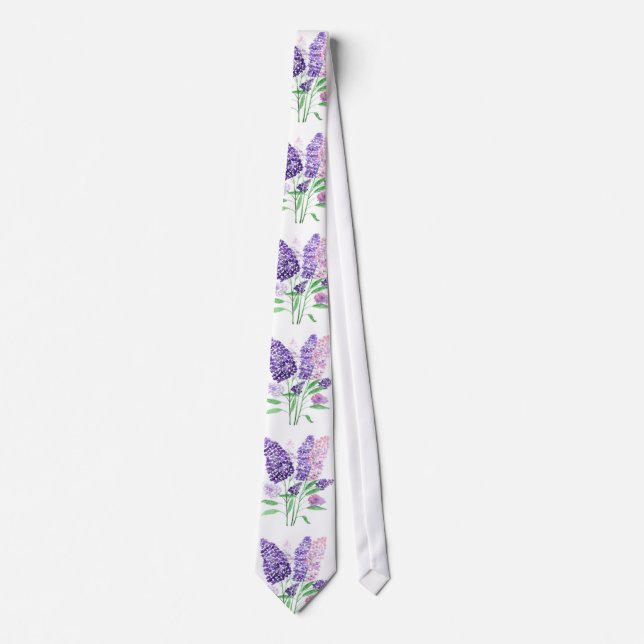 Lilacs Purple Flowers Watercolor Nature Pattern Neck Tie (Front)