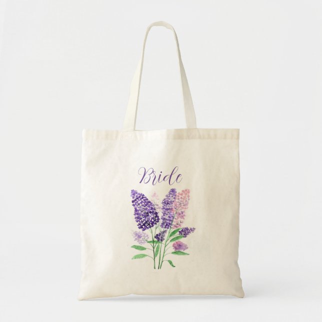 Lilacs purple Watercolor Floral Bride Wedding Tote Bag (Front)