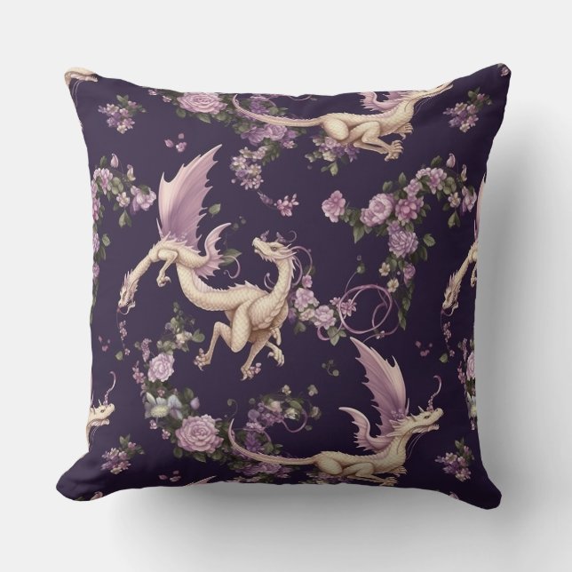 Lilacs, Roses, and White Dragons Pillow (Front)