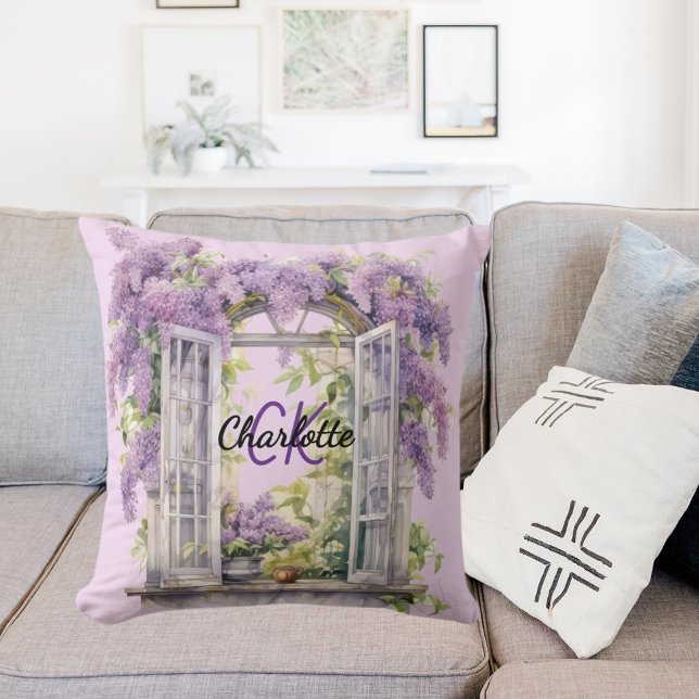 Lilacs window flowers pink monogram throw pillow (Creator Uploaded)
